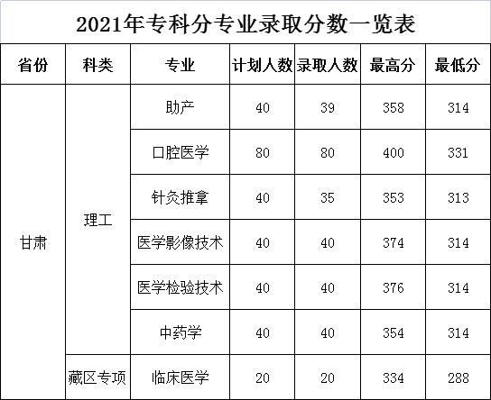 甘肃医学院2021年专科分专业录取分数一览表